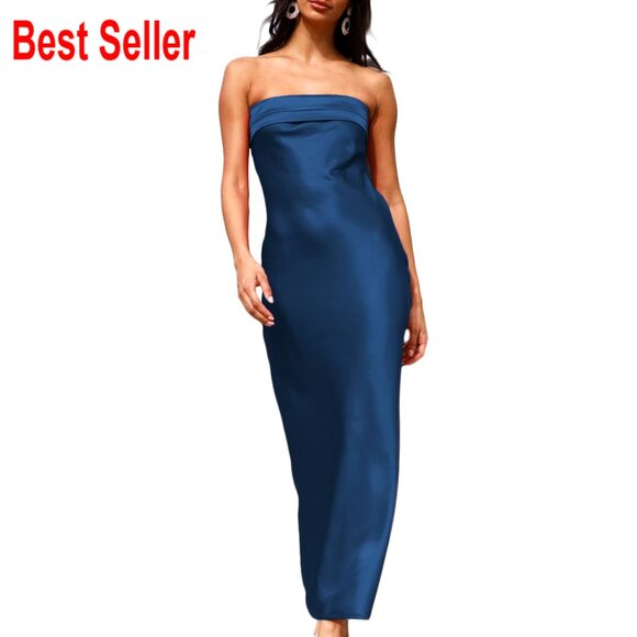 Satin Strapless Maxi Dress Backless Tube Top Formal Wedding Guest